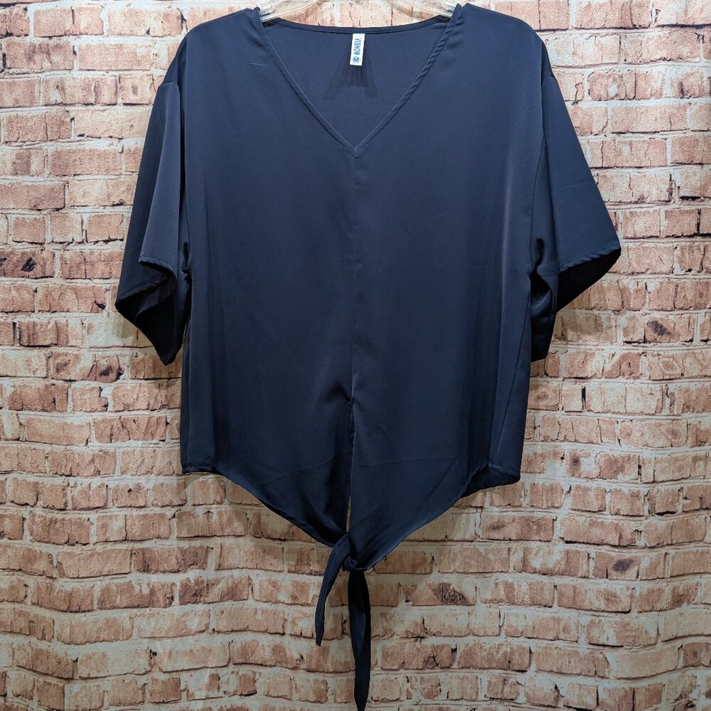 Viishow Blouse BLUE V-Neck Tie-Front Size Medium